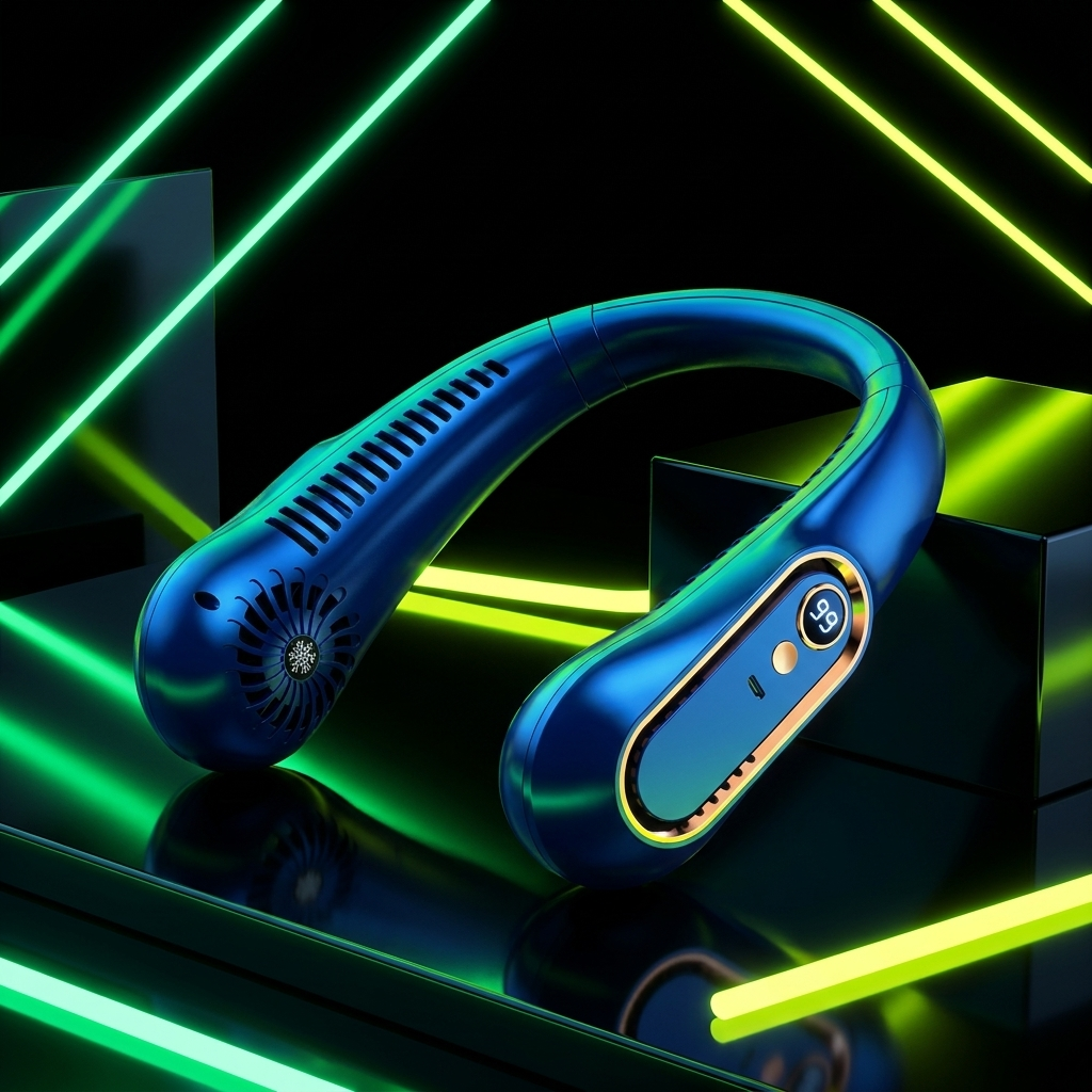 Bladeless Neck Fan — Dark neon product shot UK Bass Merch